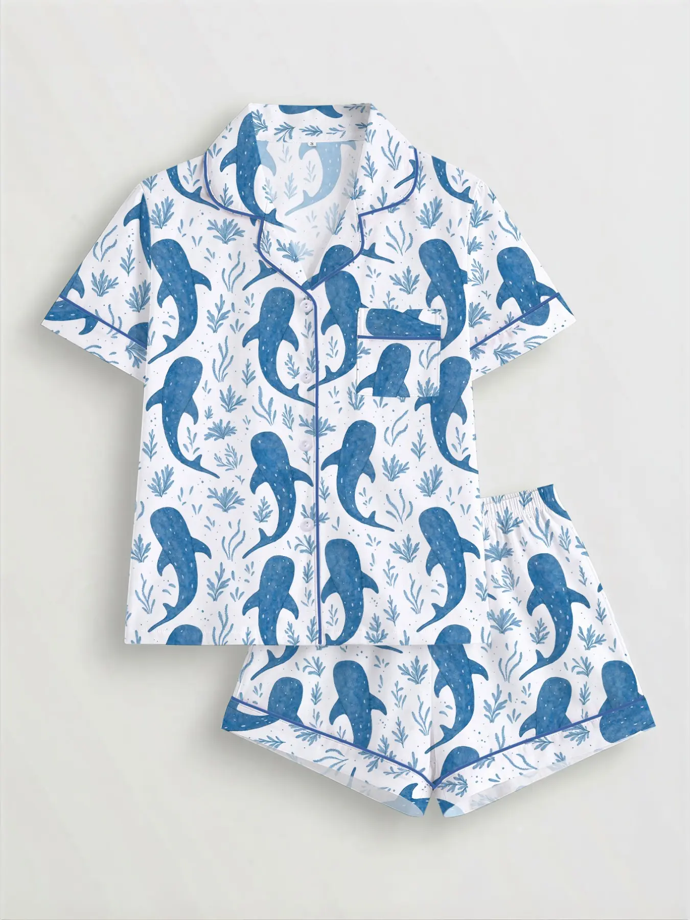 Women's Ocean Plant Shark Print Sleepwear Set, Short Sleeve Button-Up Top & Elastic Shorts, Casual Homewear for All Seasons, Loungewear, Pajama Set, Pjs, Pyjamas, Casual Loungewear Outfit