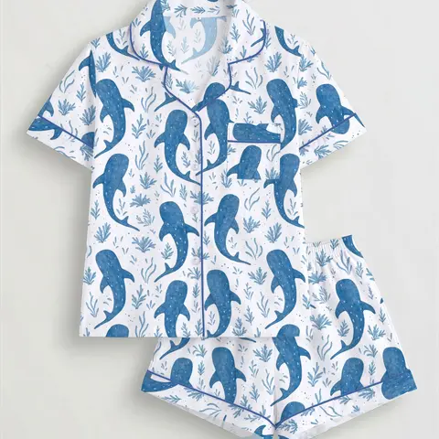 Women's Ocean Plant Shark Print Sleepwear Set, Short Sleeve Button-Up Top & Elastic Shorts, Casual Homewear for All Seasons, Loungewear, Pajama Set, Pjs, Pyjamas, Casual Loungewear Outfit