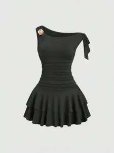 2026 New Women's Asymmetrical Shoulder Camellia Dress, Ruched Waist, Tiered Ruffle, A-Line Short Dress, Party Evening Wear, Unique Design