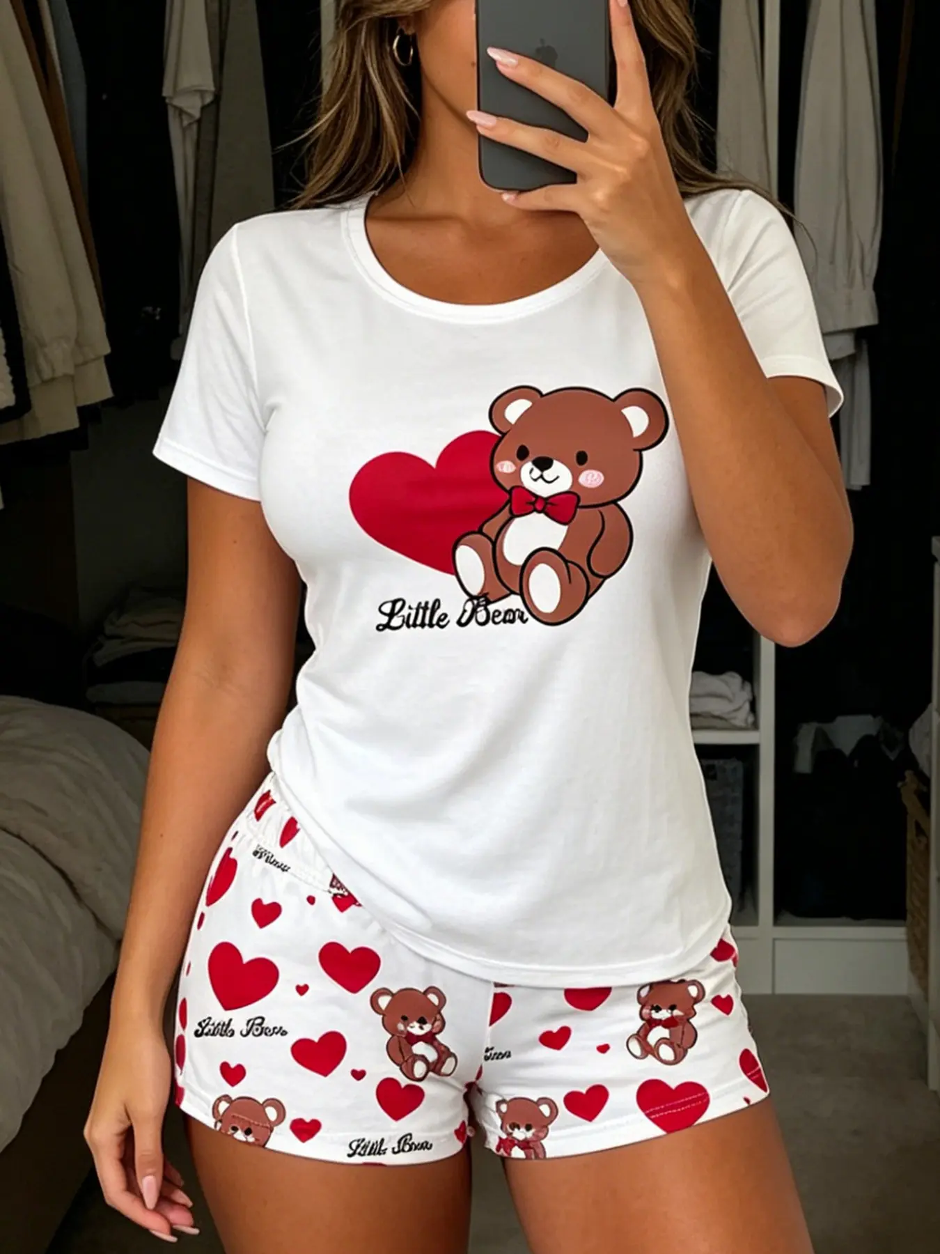 Women's Short Sleeve Pajama Set, Heart Bear Print, Casual Fitted Sleepwear Loungewear, Lounge Pajama Style, Casual Pajamas Set, All over Print, Comfortable Nightwear for Women, Comfy Loungewear Set