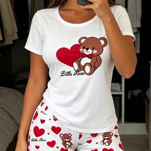 Women's Short Sleeve Pajama Set, Heart Bear Print, Casual Fitted Sleepwear, All-Over Print, Comfortable 2-Piece Loungewear, Tee Pants Pyjama