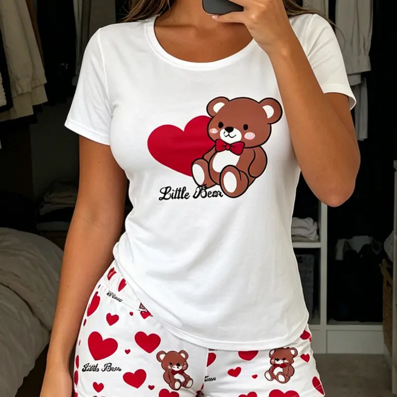 Women's Short Sleeve Pajama Set, Heart Bear Print, Casual Fitted Sleepwear, All-Over Print, Comfortable 2-Piece Loungewear, Tee Pants Pyjama
