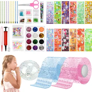 Kids' Blowable Nano Bubble Craft Kit - 2 Rolls Shiny Pink & Blue Double-Sided Nano Adhesive Tape with Pump, Glitter Dust Stickers for DIY Projects
