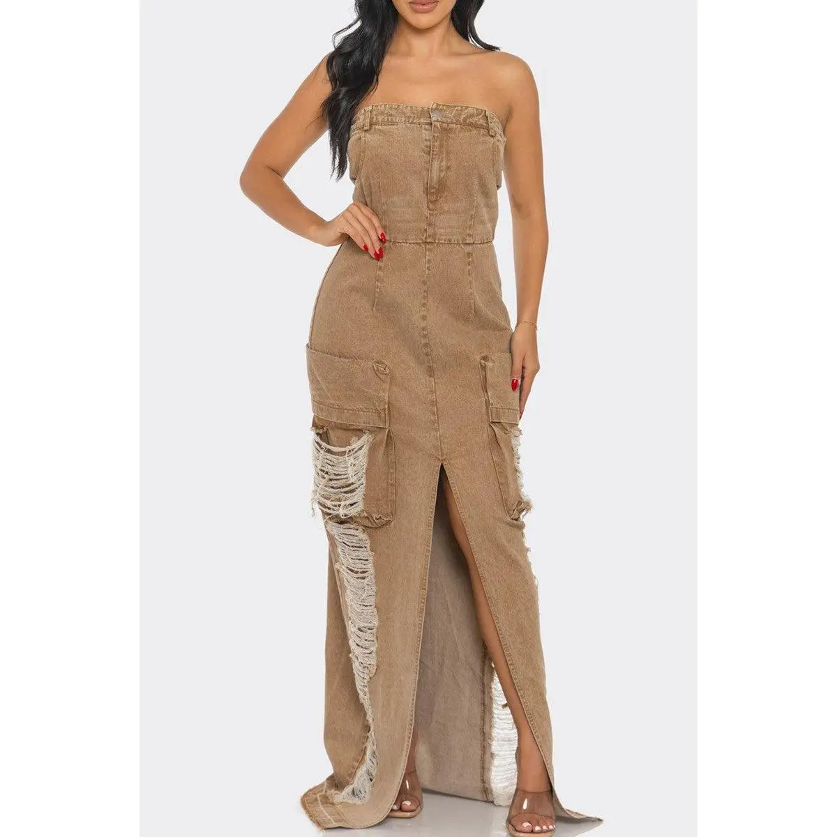Vintage Washed Distressed Cargo Maxi Dress Casual Cotton Strapless Womenswear Chic Denim