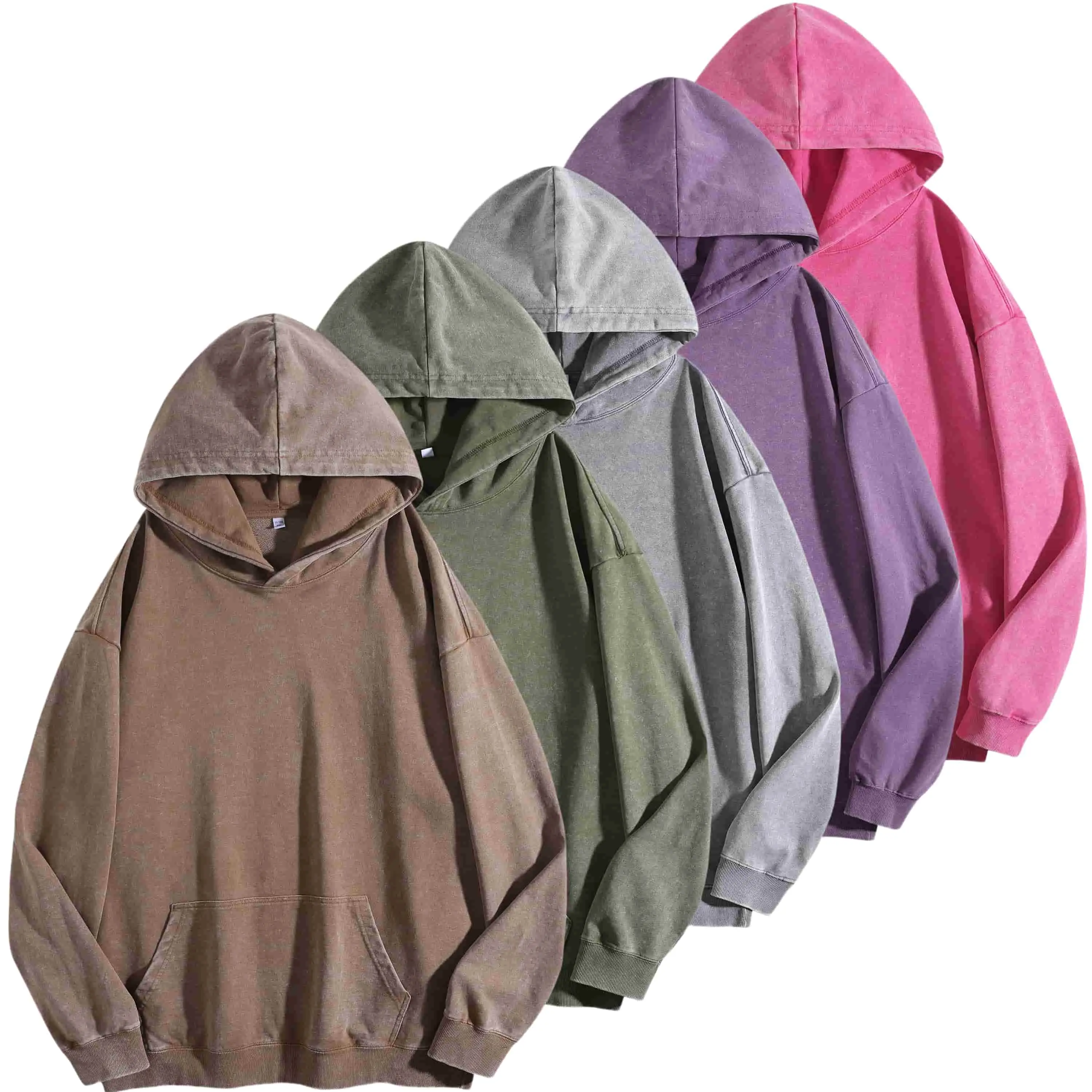 Men's 5-Pack Vintage Washed Hoodies - 400g Heavyweight Oversized Unisex Hooded Pullover Sweatshirts, Multi-Solid Color Loose Street Tops for Casual Everyday Wardrobe