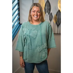 Easel Mineral-Washed Patchwork Bow Tunic Top