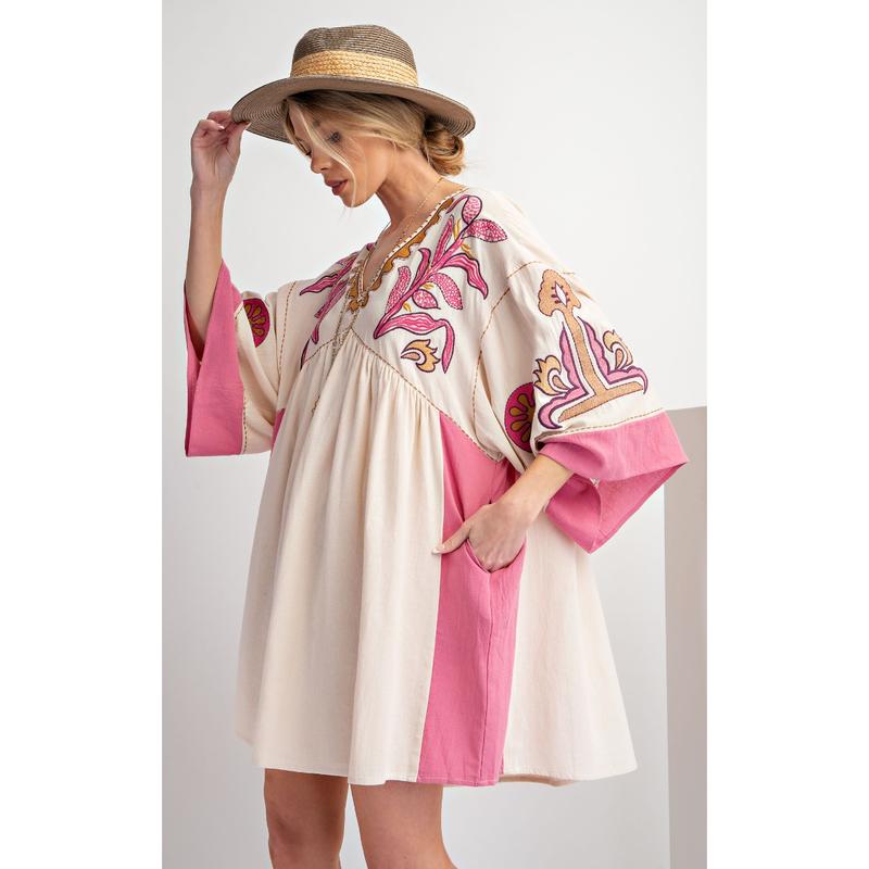 Embroidered Poly Linen Woven Dress -V Neck