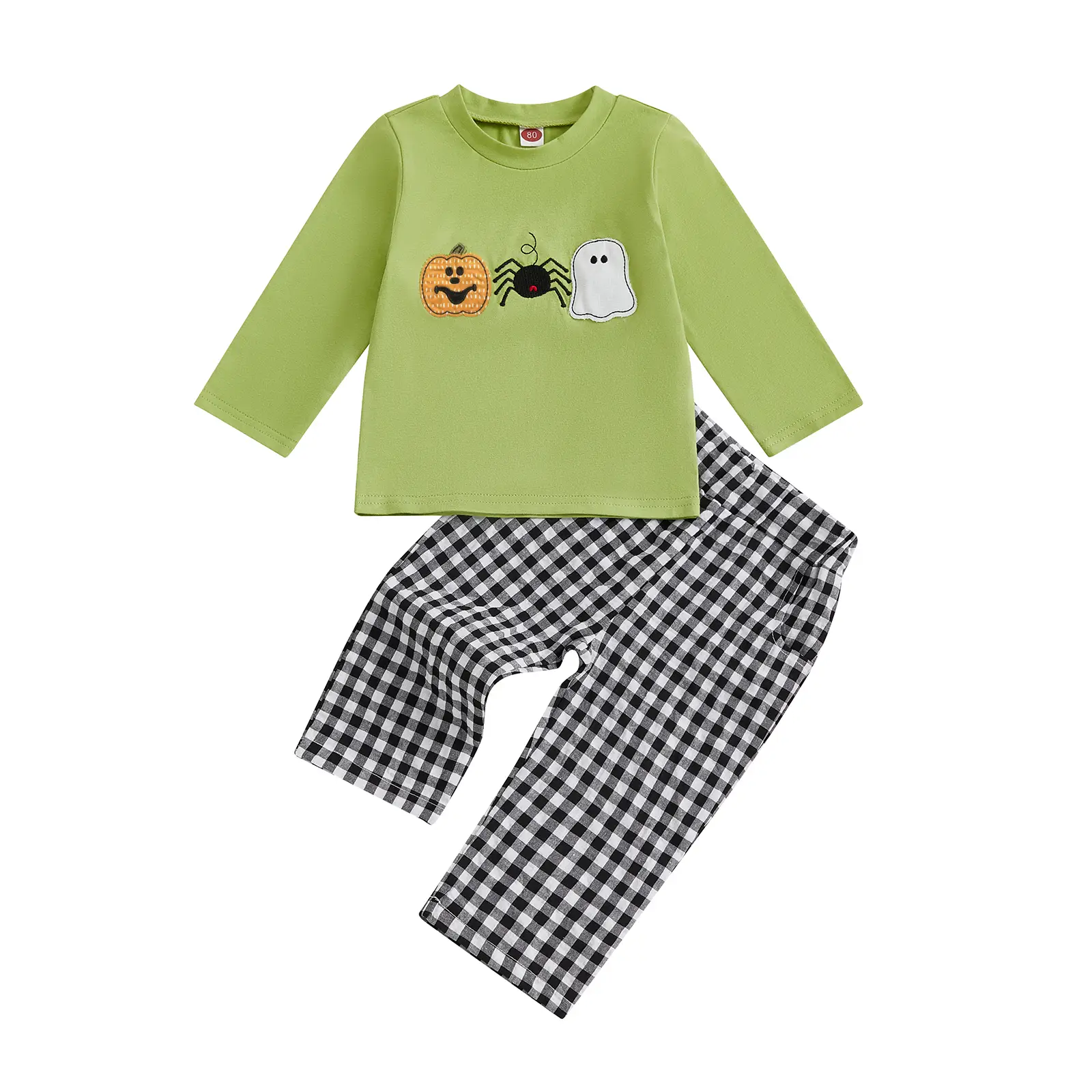 Kids Boys 2-piece Outfit, Long Sleeve Embroidery Pumpkin T-shirt with Plaid Pants Halloween Outfit