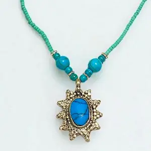 Handmade Antique Turquoise Necklace Vintage  Jewelry with Sunburst Locket