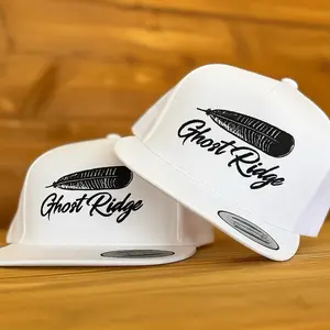 White Yupoong 6006 Black Feather Hat with Ghost Ridge Logo - Distinctive Accessory for Logo Enthusiasts