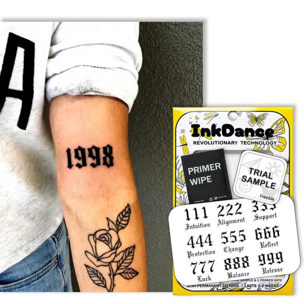 InkDance Semi-Permanent Tattoo Sheets - Old English Font Angel Numbers 444,777 Numerology, Waterproof Plant-Based Ink Body Art for All Skin, Long-Lasting 1-2 Weeks, Color Develops in 24 Hours D240