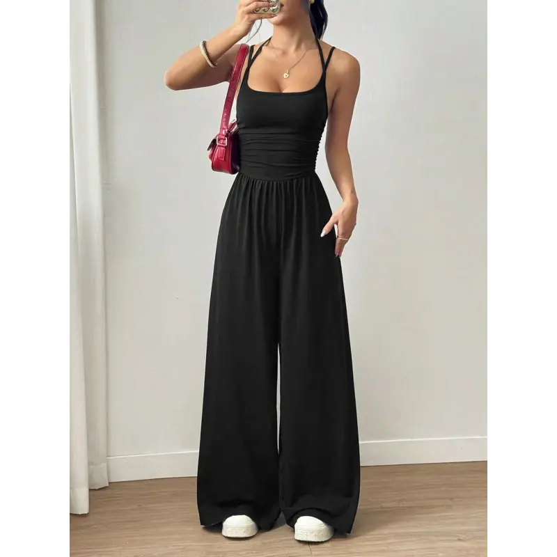 Solid Jersey Knit Jumpsuit for Women, Casual Summer Wide Leg Style with a Backless Pleated Bandeau Bodice, Square Neck, and Spaghetti Straps, Plain, S