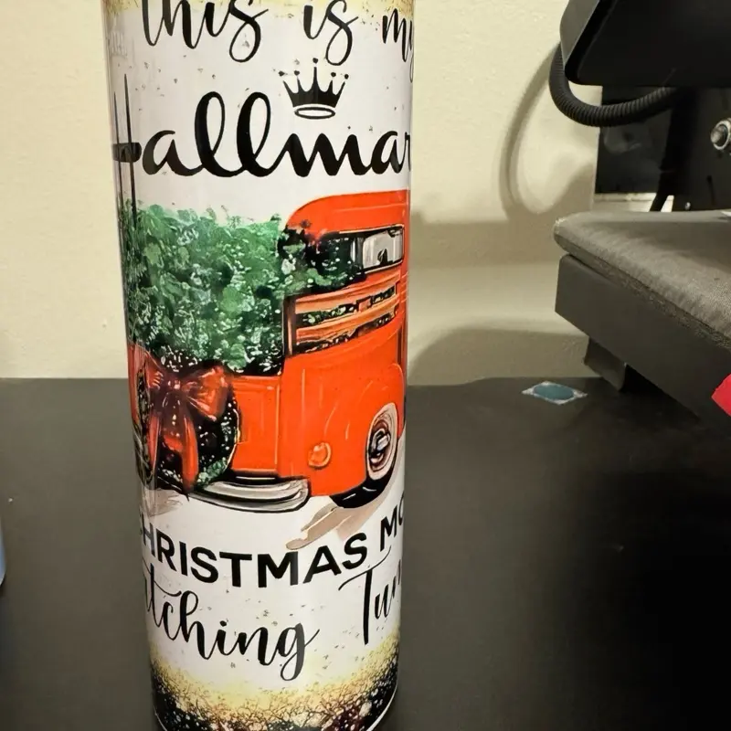 Hallmark 20oz Christmas Tumbler with Festive Truck Design and Tree Motif for Holiday Beverages