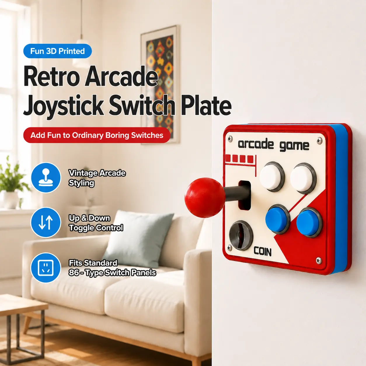 86-Series Retro Arcade Theme Joystick Decorative Standard Wall Mount Switch Plate Decals, 3D-Printed Switch Accessory, Unique Home Decor for Game Rooms