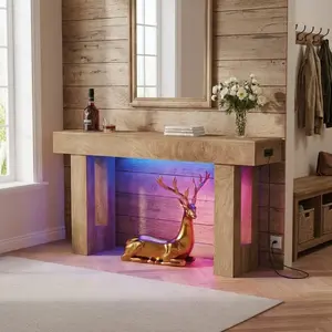 63" Farmhouse Console Table with 6-Color LED Light, Rustic Entryway Sofa Table with Shelves for Hallway