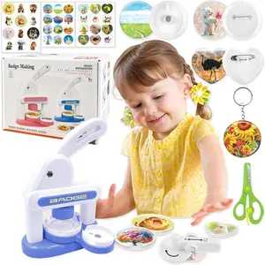 BAORUYAO 3in1 Badge Maker Machine for Kids,Capable of Fridge Magnets Keychains Brooches Badges with Picture Cutters and Children's Scissors.86pcs Set of DIY Arts & Crafts Gifts for Kids(Blue)