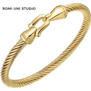 Romi Uni Studio Stainless Steel Cable Wire Bracelet Adjustable Twisted Cuff Bangle Vintage Style Jewelry Gift for Women Gold Plated Durable & Stylish