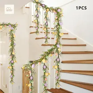 Easter Egg Garland Artificial Leaves Vines with Flowers and Colored Eggs Hanging Greenery Decorations for Home Holiday Party