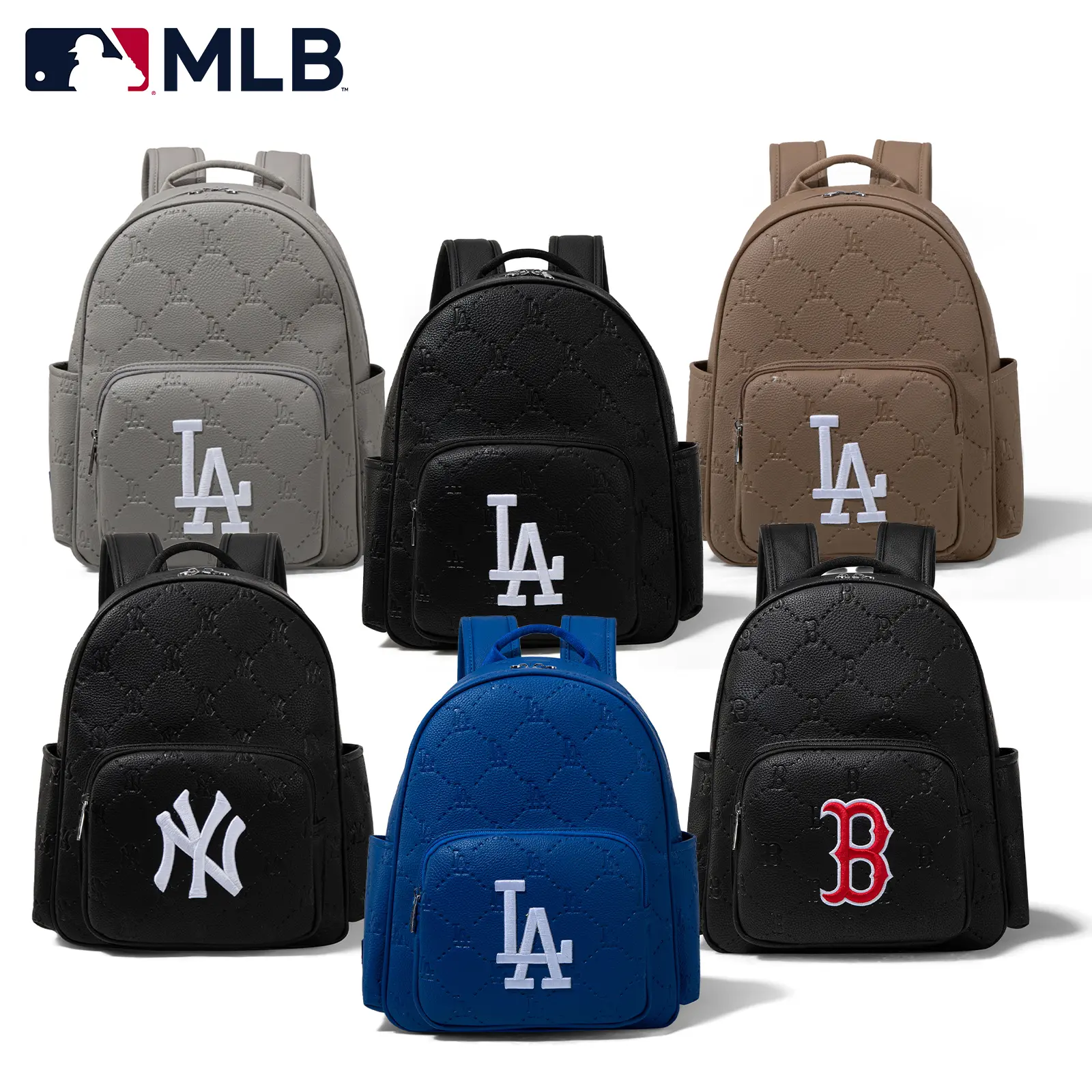 MLB PU Leather Adjustable Durable Backpack - Logo Embroidered, Unisex, Multi-Compartment, Large Capacity, Book Bags for School, Travel Bag, Model 32-003