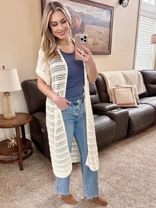 Open Knit Long Cardigan In Cream