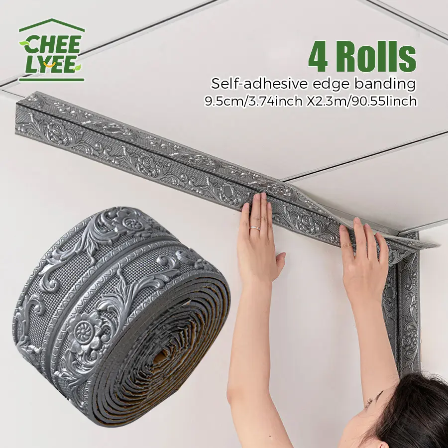 4 Rolls SXP Self‑Adhesive Edge Banding Strip Foam Waistline Sticker 8mm Thick Waterproof Easy Install Peel and Stick Baseboard Trim Border Wall Molding Decor for Home Indoor Decoration