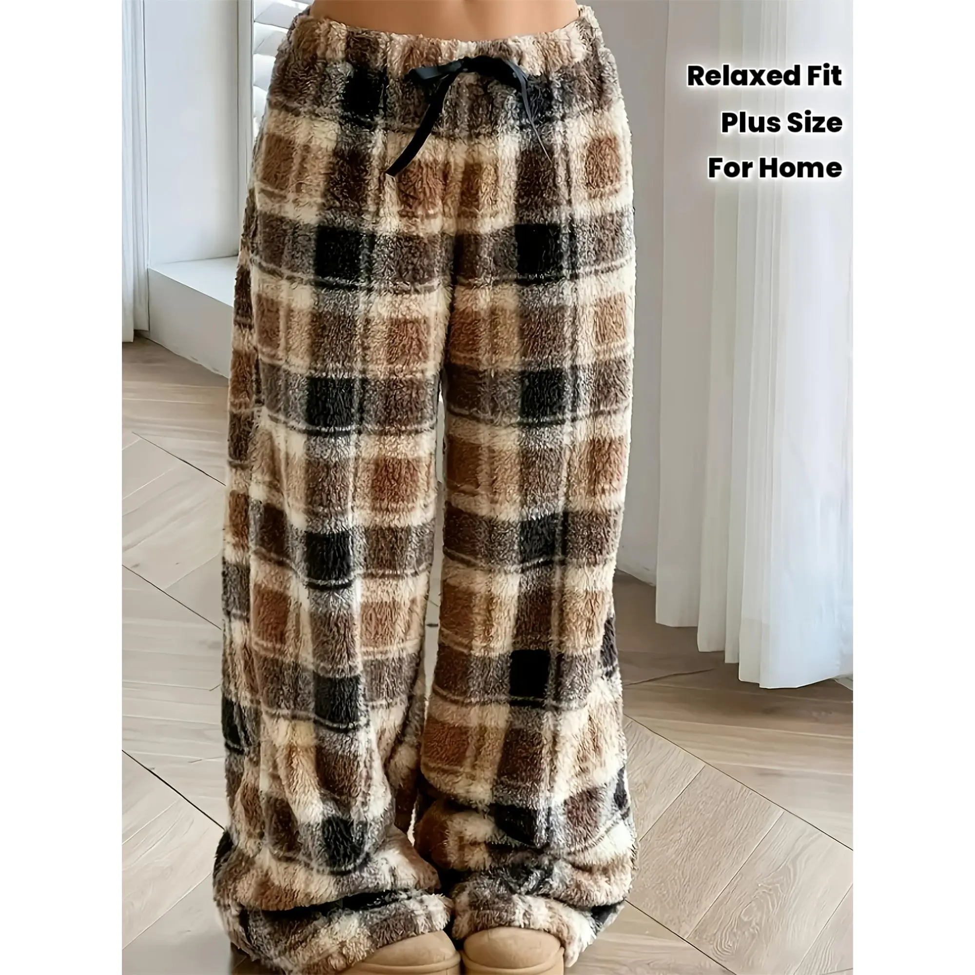 [Lounge Pants for Cold Weather] Plus Size Women's Plush Pants - Cozy Winter Sleep Pants | Soft Fabric, Warm Non-Slip Bottoms | BrownRed/Orange, Home Office Gifts, Relaxed Fit
