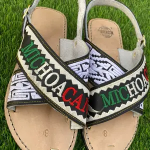Mexican Michoacan Embroidered Sandals - Handcrafted Leather Flip Flops with Aztec Design for Comfort and Style