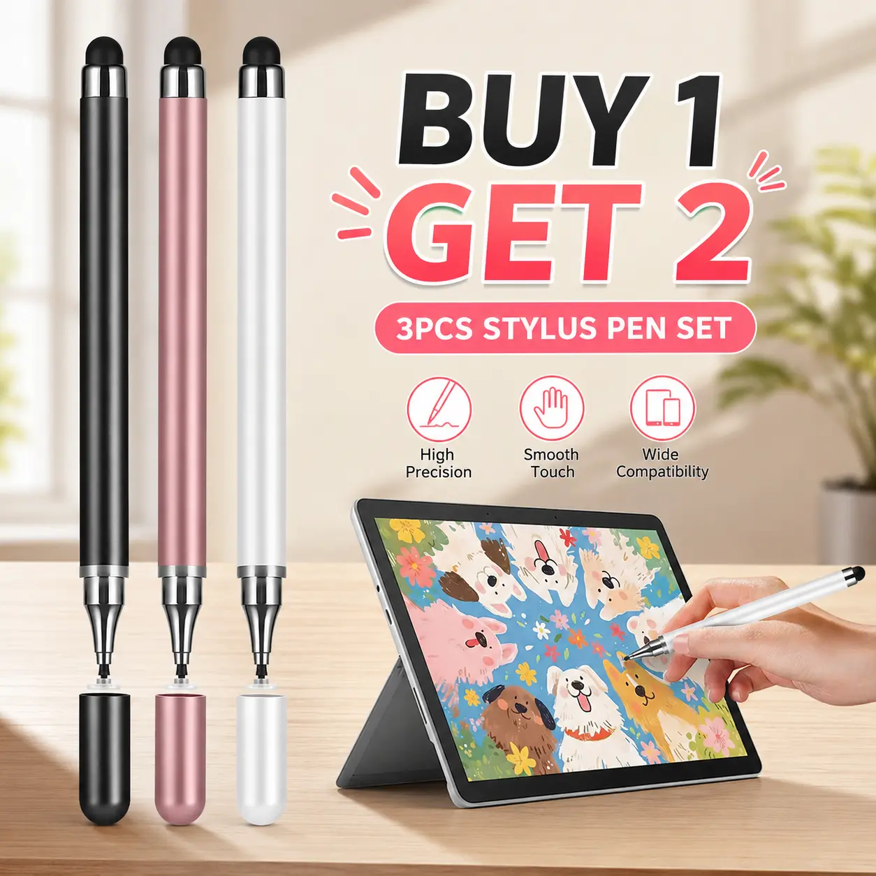 【Buy 1 Get 2 Free]】3-in-1 Stylus Pens with Ballpoint Pen & Disc Tip, High-Precision Touchscreen Stylus for Tablets, Smartphones, Switch & More, Compatible with Capacitive Screens, No Bluetooth Required, Ideal Gift for Students, Seniors & Family