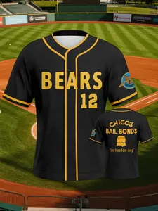 Men's Movie Baseball Jersey #12, Bad News Bears Black & Yellow Printed Button-Up Short-Sleeve Sports Shirt Comfortable, skin-friendly, breathable, and quick-drying, ideal for athletic training wear.