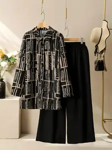 Women's Long Pants Set, Casual Printed Shirt & High Waist Straight Leg Fitted Pants, Comfortable and Stylish for Daily Wear