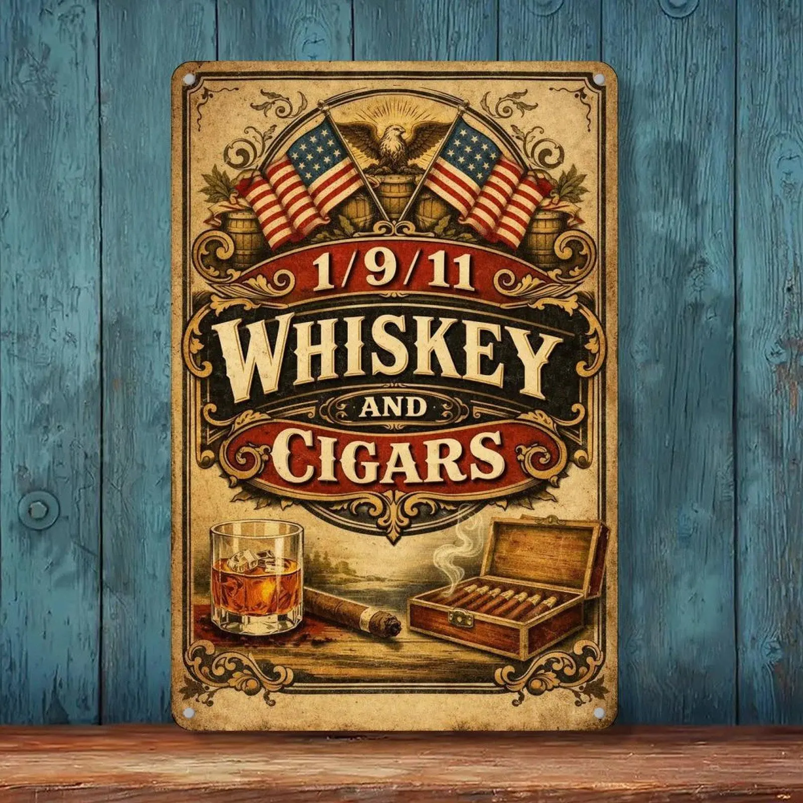 Vintage Iron Retro Whiskey & Cigar Eagle American Flag Tin Sign, 8x12in Bar Man Cave Wall Decor Metal Plaque (Home Decor)