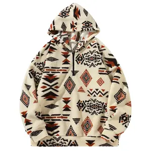 Men's Autumn Winter Hooded Sweatshirt with Half Zipper Ethnic Style Fleece Lined Loose Fit Pullover Coat in Cream Aztec Print Menswear Tops Long Sleeve Casual Stylish Apricot
