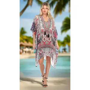 Ligthweight Rhinestone V Neck Printed Short Caftan