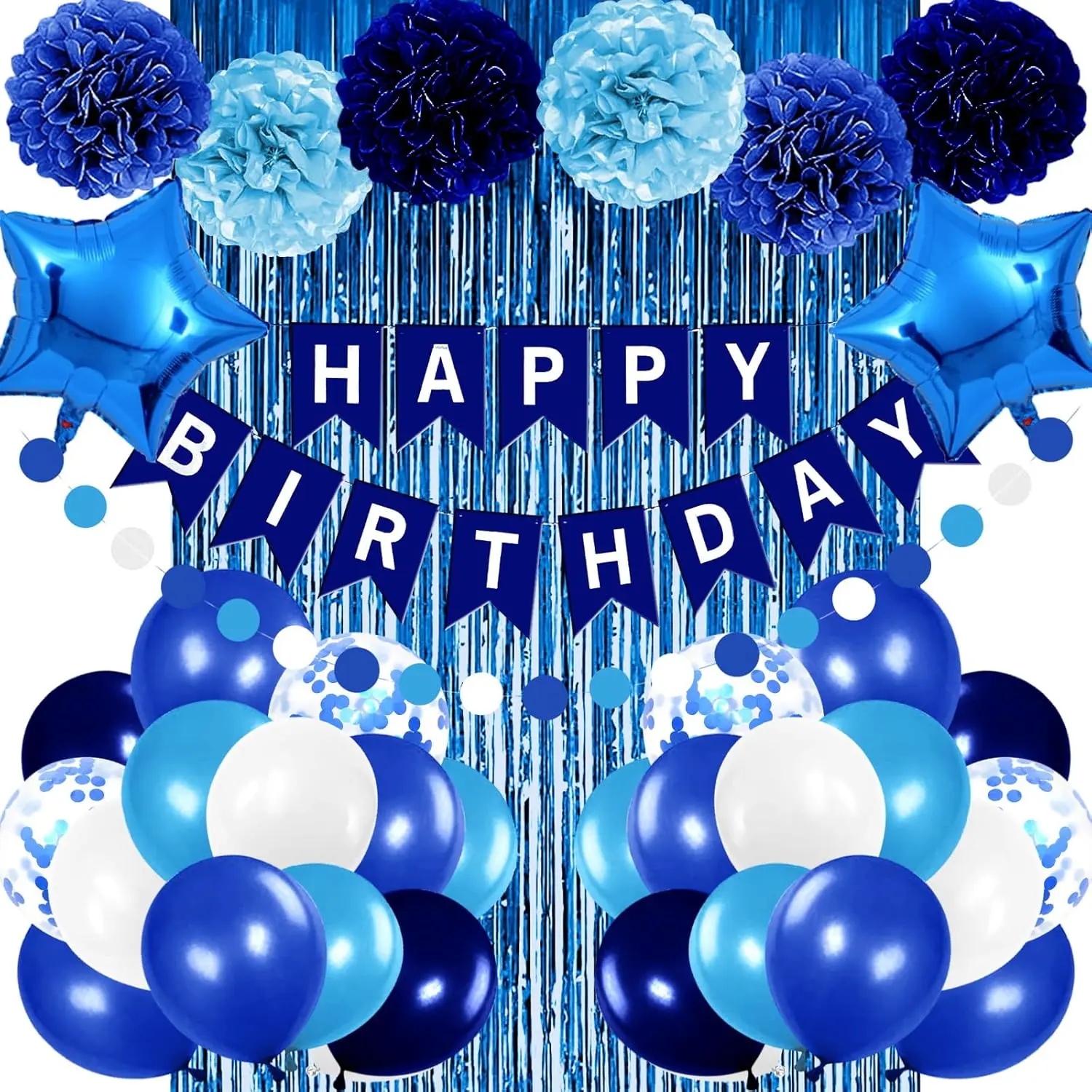 Blue Birthday Party Decorations for Boys Men Happy Birthday Banner Balloons Navy Royal Light Blue Pom Poms Foil Curtain Decor Party Decorations for  Boy