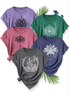 Women's Plants Print Round Neck Tee, Casual Short Sleeve Crew Neck T-shirt for Daily Wear, Ladies Clothes for Summer