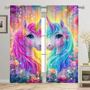 2 pieces, Magic Unicorn Flower Curtains with vibrant rainbow and sparkling star design - rod pocket style, semi-sheer polyester, suitable for home living room bedroom balcony kitchen study and bathroom window decoration, easy to clean.