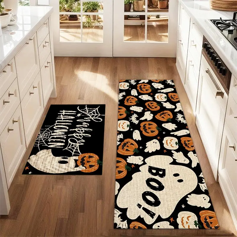 2Pcs Halloween Pumpkin Lantern Ghost Boo! Floor Mat Set Farmhouse Kitchen Rug Home Decor Rugs Dining Room Flooring Laundry Room Decor Carpet Mat