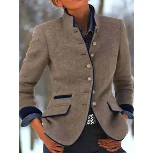Women'S Vintage Blazer Jacket - Elegant Long Sleeve Office & Party Coat, Structured H-Silhouette, Button Front Closure, Fall/Winter Outerwear in Beige/Blue/Black/Gray/White/Brown/ Formal Everyday Clothing, Casual Layering Piece,