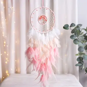 Pink Tree of Life Dream Catcher Handmade Feather Dream Catchers Wall Hanging Ornaments for Bedroom Home Decor Blessing Christmas Thanksgiving Gift Wedding Party