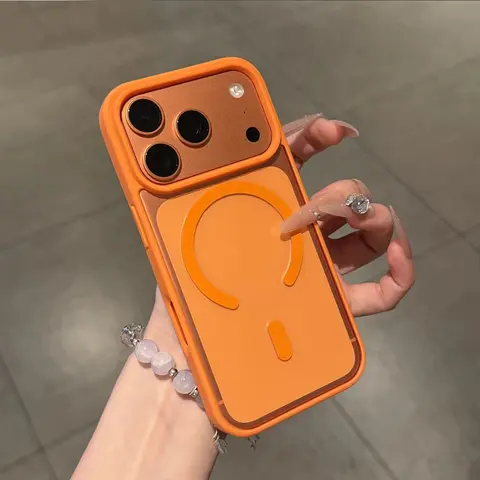 Luxurious Orange Transparent Magnetic Wireless Charging Cellphone Case - High-Definition, Shockproof Soft Edge Drop Protection, Hard Acrylic Back, Compatible with iPhone 17 Series - Casing Cover for Smartphones (Electronics Accessory)