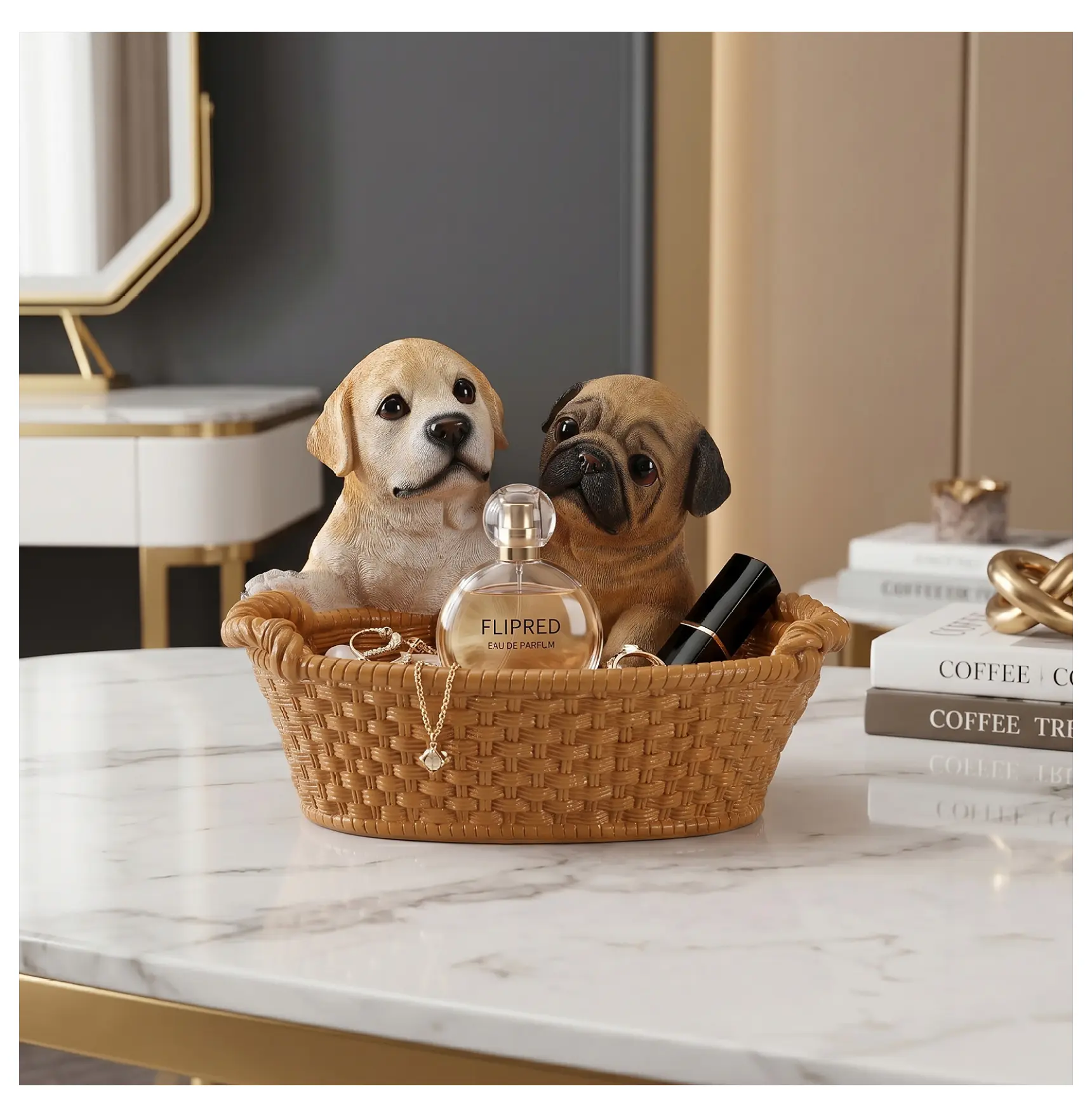 Lab & Pug Puppy Statue with Rope Basket, Dog Decor for Home, Resin Animal Figurine, Cute  Friends Gift for Dog Lovers Beige+yellow + Resin