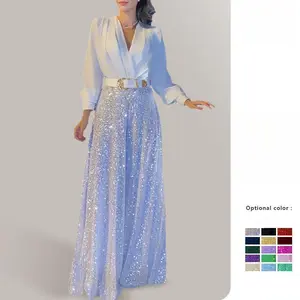 2025 Sequin V-Neck Jumpsuit – Slim Fit Blouse with Wide Leg Pants for Women Elegant Office to Party Outfit Comfort Fabric Womenswear Belt Day Evening