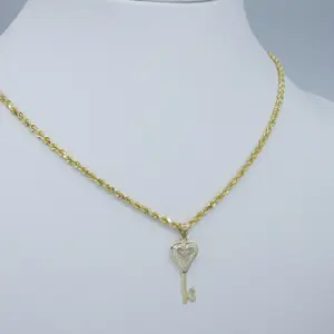 14k Cz Heart Key Pendant with Rope Chain Gold-Tone Jewelry Accessory