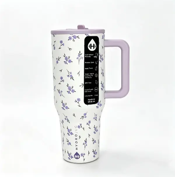 HydroJug 40oz Stylish Floral Print Vacuum Flask - Portable, Hydrated & Stylish Stainless Steel Tumbler, 24H Cold Insulation, Leakproof BPA-Free Drinkware, Cupholder Fit with Handle & Straw for Travel, Garden, Hydrated And Stylish