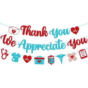 Nurses Week Decoration Thank You We Appreciate You Banner Happy Nurse Week Decor Nurses Appreciation Backdrop for CNAs Doctor Nursing RN Event Celebration Red&Blue Glitter Supplies