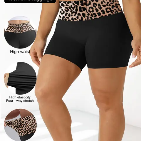 Plus Size Women's Tight Shorts, Leopard Patchwork Fashion Shorts, Waist Color Block Design, Comfortable Fit, Summer Wear, Casual Sportswear, Activewear Shorts, High Waisted Shorts