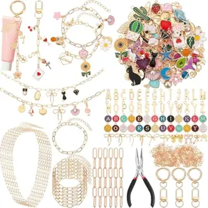 440 Pcs Charms Lip Gloss Keychain Making Kit Necklace Bracelets Kit Gold Paperclip Chain, DIY Supplies with Charms, Key Chain Hooks, Jump Rings, Lobster Clasps for Women Christmas Gifts