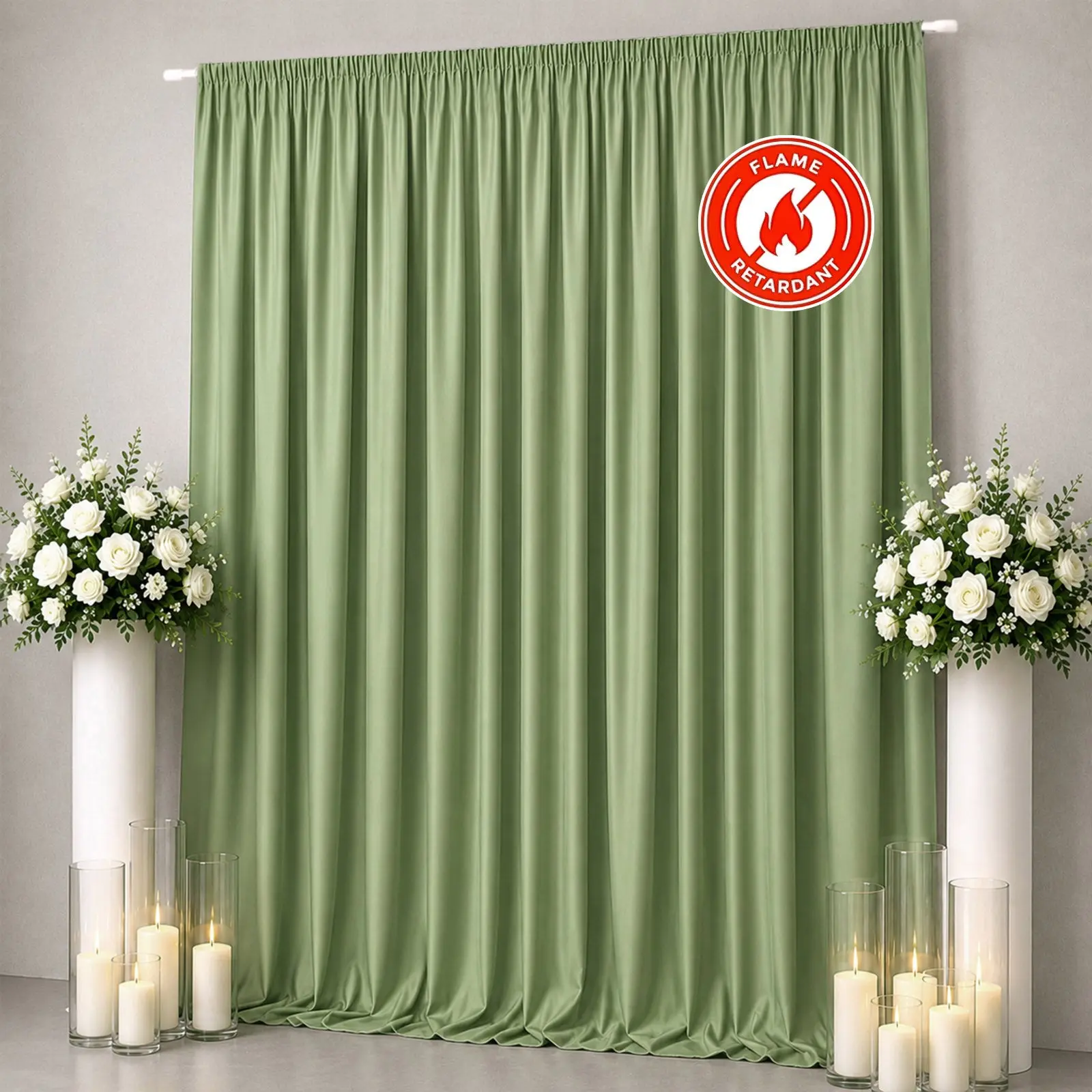 Sage Green Scuba Polyester Event Backdrop Curtain - 10ftx12ft Durable Flame-Resistant Wrinkle-Resistant Drape Panel with Rod Pocket for Photo Booth, Wedding Venues, Tents Event Decor (Low Heat Safe Textile)