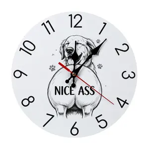 10/12 Inch Light DIY Assembly Funny Golden Retriever Wall Clock, "Nice Ass" Novelty Silent Wooden Clock, Humor Pet Lover Decor Clock for Man Cave Bar Home Gift
