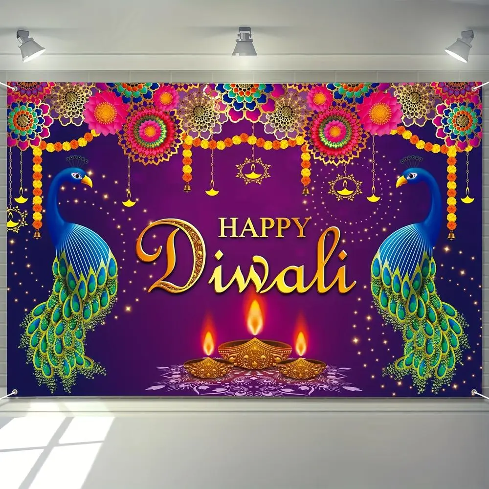 1pc 2D Flat Polyester Diwali Banner - Indian Festive Party Supplies, Home & Garden Courtyard Decoration, Indoor-Outdoor Celebration Backdrop, Multipurpose Textile Accessory (White)